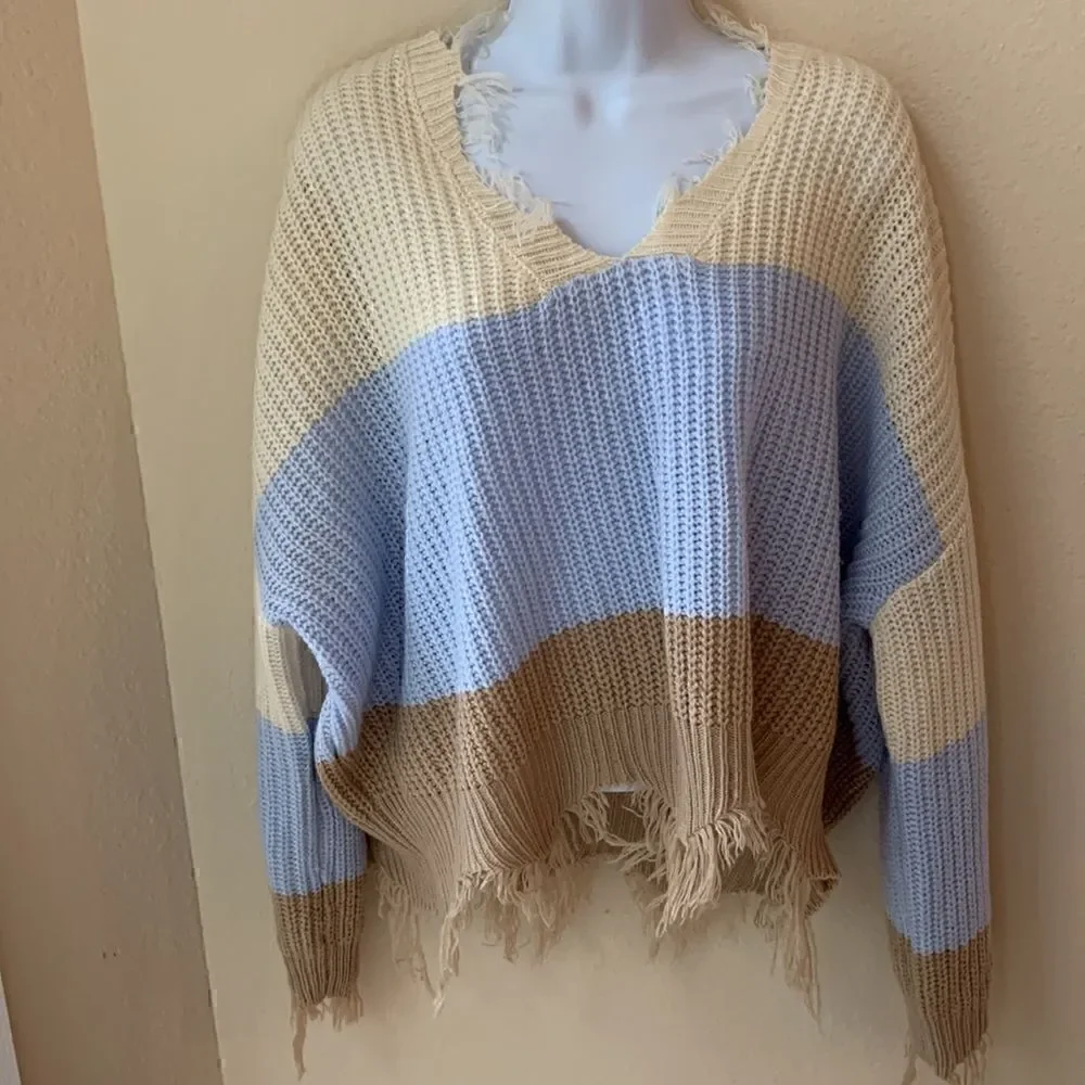 Sweater Blue & cream Striped Oversized size large Drop Shoulder Polly & Esther‎